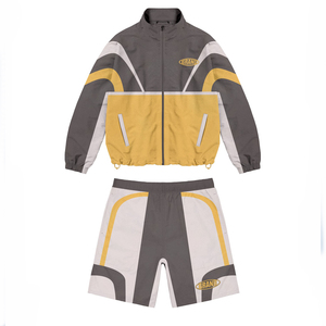 320 GSM Premium Polyester Cotton Color Block Panel Tracksuit Set Custom Embroidered Logo Windbreaker Shorts for Men - Product Image 1