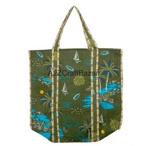 Eco-Friendly Women's Hand-Block Striped Cotton Quilted Tote <b>Bag</b> <b>Long</b> Handle Bohemian Style Everyday Shopping Exhibition - Product Image 4