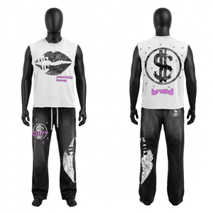 Conjunto de Camiseta sin Mangas y Pantalones Jogger de Felpa Francesa de 280 GSM, Lavado Ácido, Estampado Puff, Logotipo Personalizado, Ropa Urbana para Mujer - Product Image 1