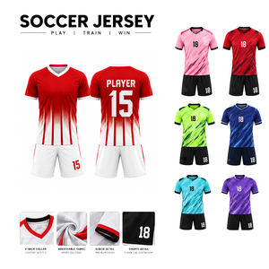 Ensemble de maillots de football personnalisés sublimés, rayé rouge et blanc, col en V, manches courtes, évacuation de l'humidité, pour hommes adultes, 100% polyester - Product Image 5