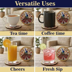 Royal Peacock Design <b>Wooden</b> Coasters Set of 6 with Folding Box Holder Round Heat Resistant <b>Table</b> <b>Mats</b> Oriental Style - Product Image 4