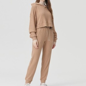 Survêtement beige à capuche pour femme, couleur unie, manches longues, décontracté, respirant, avec cordon de serrage, coupe ample, 100 % coton, idéal pour l'automne - Product Image 1