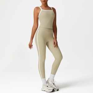 Women's Seamless Knitted <b>Bodysuit</b> With Side Stripe Full Length <b>Cami</b> Square Neck Stretch Activewear Red And Blue - Product Image 3