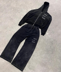 Ensemble survêtement homme streetwear hiver, sweat à capuche et pantalon évasé, personnalisé, effet vieilli, avec fermeture éclair et strass colorés, délavé à l'acide, 100% coton - Product Image 2
