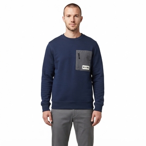 Men's <b>Navy</b> Crewneck <b>Sweatshirt</b> Utility Chest Pocket Zip Detail Long Sleeve Casual Streetwear Pullover Custom - Product Image 1