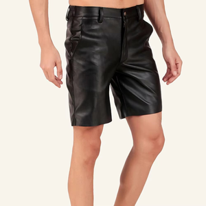 Pantalones Cortos de Cuero Genuino Negro Sólido para Hombre, Cierre con Botones, Cintura Media, Bolsillos con Cordón, Tejido Transpirable de Secado Rápido - Product Image 6