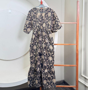 Maxi vestido de algodón con estampado de mezcla Floral 2025 para mujer, vestido largo étnico de manga acampanada con cordón en la cintura, traje de playa de verano - Product Image 2