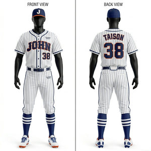 Uniforme de baseball pour hommes, maille polyester respirante de qualité supérieure 180 GSM, ensemble blanc et bleu marine à rayures fines, logo personnalisé brodé en twill. - Product Image 1