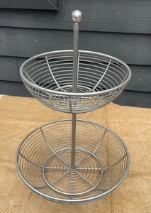 Silver Metal 2 Tier Fruit And Vegetable <b>Basket</b> Stand For Kitchen Countertop Dining <b>Table</b> Storage Organizer Rack From India - Product Image 2