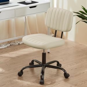 Small Office Desk Chair Armless Beige White PU Leather with Comfortable Lumbar Support - Product Image 1