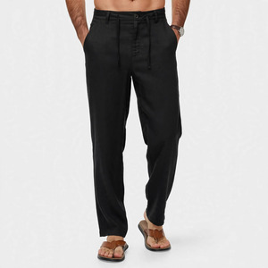Pantalon Harem en Lin Vert Olive pour Homme, Taille Élastique avec Cordon de Serrage, Décontracté, Léger, Respirant, Poches Latérales, Idéal pour l'Été - Product Image 1