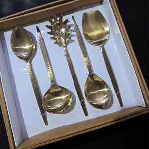 Gold Plated Serving Spoon Set <b>Mirror</b> Finish Long Handle Metal Utensils Modern Design Durable Kitchenware - Product Image 1