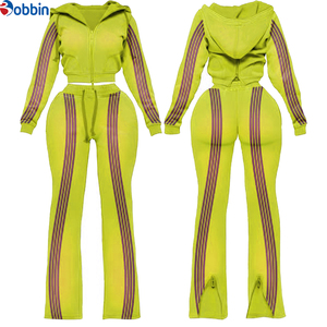 Conjunto de Sudadera con Capucha y Cremallera con Franja Lateral en Contraste y Logotipo Personalizado para Mujer, Pantalones Acampanados, Ropa Deportiva, Conjunto de Sudadera con Capucha, Ropa Urbana - Product Image 4