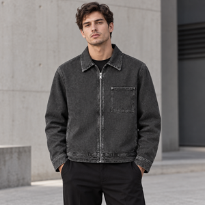 Veste en jean délavé pour homme, couleur unie, col rabattu, coupe classique, fermeture boutonnée, style décontracté automne - Product Image 3