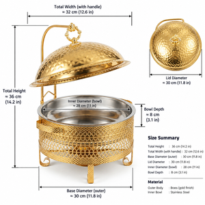 Calentador de Alimentos Colgante de Lujo Dorado con Tapa de Cúpula Martillada y Base de Rejilla de Diamantes, Diseño de Arco Curvo Superior - Product Image 6