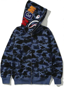Camouflage Shark Tooth Zip Hoodie Unisex Eco-Friendly Winter Embroidered Letter Patch Front Pocket Streetwear 100% Cotton Fleece - Product Image 3