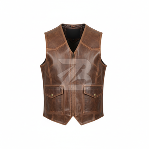Gilet de motard en cuir PU imperméable et respirant pour homme, marron vieilli, style vintage, avec fermeture éclair sur le devant et poches cargo à boutons-pression, couleur unie, vente en gros - Product Image 1