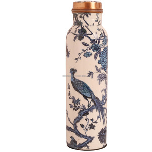 Bouteille de boisson en métal cuivre Base blanche Indigo Blue Floral Peacock Enamel Copper Water Bottle Handcrafted Ayurveda health - Product Image 1