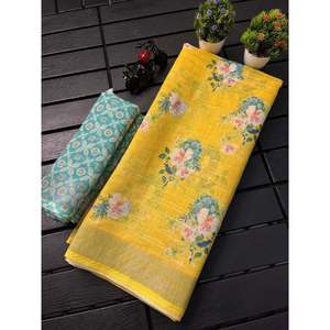 ESTAMPADO DIGITAL DE SEDA DE LINO DE DISEÑADOR CON LINO ZARI WORK SAREE CON BLUSA DESCOSADA AMARILLO - Product Image 1