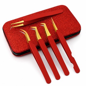 Juego de 5 Pinzas para Pestañas Rojas con Estuche, Pinzas de Precisión Curvas con Punta Dorada para Extensión de Pestañas de Volumen - Product Image 1