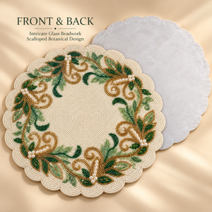 Scalloped Floral Glass Beaded <b>Placemat</b> Botanical Leaf Table Mat <b>Gold</b> Scroll Pearl Accent Dining Decor Wedding Party | Chic Style - Product Image 4