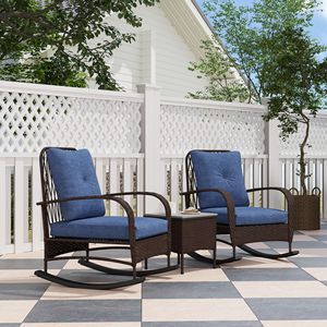 Set di Mobili da Giardino in Rattan PE Marrone a 3 Pezzi con Sedie a Dondolo, Tavolino e Cuscini per Veranda - Product Image 2