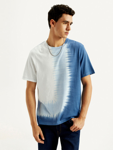 Camiseta de algodón de manga corta con cuello redondo y estampado tie-dye azul y blanco para hombre, estilo casual, corte regular, talla grande - Product Image 5