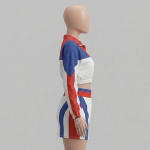 Ensemble de survêtement sportif color-block pour femme, haut court zippé à manches longues avec jupe assortie, coupe classique, idéal printemps-été - Product Image 2