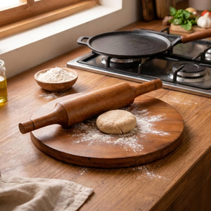 Rodillo y Tabla de Madera de Acacia Hechos a Mano, Diseño Único y Ecológico, Chakla Belan Redonda para Uso en la Cocina - Product Image 2