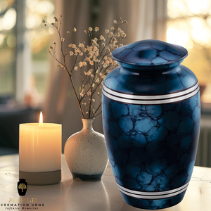 Urne funéraire en métal marbré bleu foncé pour cendres humaines |   Urne funéraire décorative pour adultes avec bandes argentées |   AMBLE DECOR 220 - Product Image 3