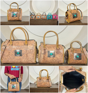 Latest Western Vintage Pattern Hand <b>Tooled</b> Cow Leather <b>Small</b> Speedy Bag for Women Fashionable Concho Crossbody Duffel Travel Bag - Product Image 3