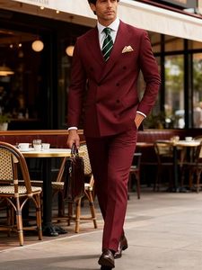 Costume de smoking pour homme à col mandarin, simple boutonnage, en velours côtelé viscose/polyester, couleur bordeaux, infroissable, respirant, coupe droite - Product Image 2