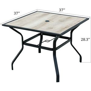 Tavolo da Pranzo da Esterno con Foro per Ombrellone, in Metallo con Piano Effetto Legno, per Portico, Giardino, Cortile, Balcone - 1 Pezzo - Product Image 4