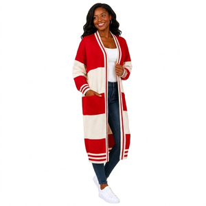 <b>Women</b> Long Knit <b>Cardigan</b> Color Blocking <b>Red</b> Cream Open Front Casual Full Sleeve Pockets 100% Acrylic - Product Image 4