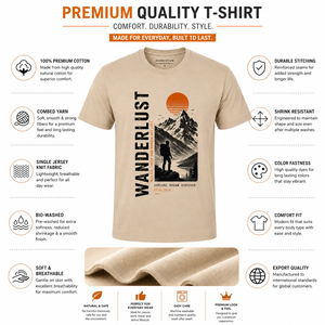 Camiseta de Manga Corta Beige para Hombre Wanderlust, Cuello Redondo, Corte Regular, Algodón Jersey, Estampado Digital Sublimado con Diseño de Montaña - Product Image 5