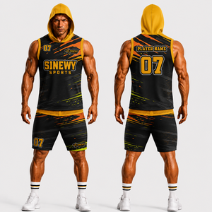 Ensemble de maillot de football américain sublimé unisexe SINEWY – Débardeur à capuche sans manches et short imprimé géométrique avec nom du joueur – Anti-humidité – Hiver - Product Image 5