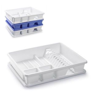 Scolapiatti in plastica quadrato impilabile con vassoio di drenaggio per lavello da cucina, bianco e blu - Product Image 1