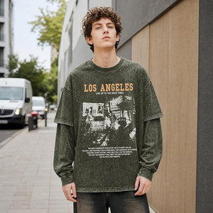 Mens Oversized Graphic <b>Tshirt</b> Los Angeles Acid Wash 2 in 1 Grunge Shirts Vintage Streetwear Layered Tees Y2K - Product Image 2