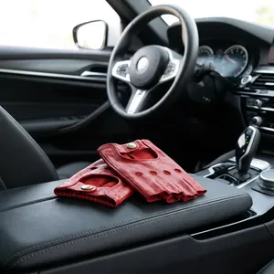 Gants mi-doigts en cuir de mouton rouge, respirants, avec sangle de poignet réglable, pour la conduite et le cyclisme, design léger et respirant - Product Image 2