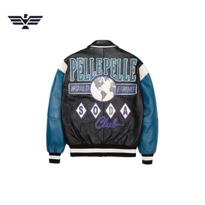   Veste universitaire pour homme en cuir véritable noir, bleu et blanc avec patch brodé, col montant, fermeture éclair, style preppy - Product Image 5