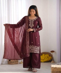 FANCY GMY SILK EMBROIDERY <b>BEADS</b> WORK <b>TOP</b> PALAZZO WITH DUPATTA WHOLESALE PRICE ETHNIC GARMENT 85063 PARROT WINE - Product Image 1