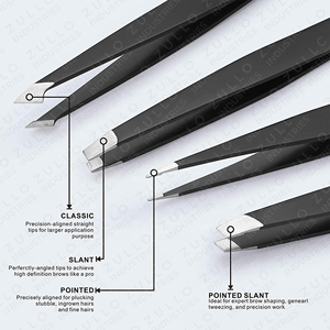 4PCS Black Coated Eyebrow Tweezers Set Pointed Square Slant Angled Tip <b>Makeup</b> <b>Tools</b> with PU Leather Pouch OEM - Product Image 2