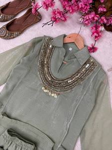 Ensemble indien pakistanais vert menthe brodé, coupe ample, Kurta et Pantay imprimés, tenue tissée pour femme, idéal pour les fêtes et les tenues décontractées - Product Image 6