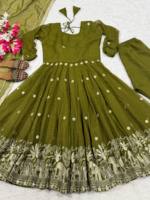 Robe Anarkali longue pour femme TENNECY en polyester texturé, broderie de sequins, idéale pour mariage, Diwali, soirée, longueur cheville