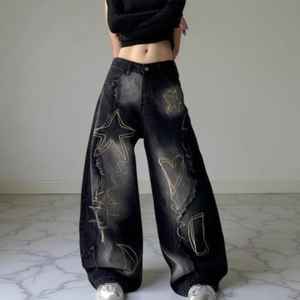 Pantalon en jean brodé unisexe personnalisé OEM, coupe large et décontractée, style streetwear, avec nœuds et volants en dentelle - Product Image 5