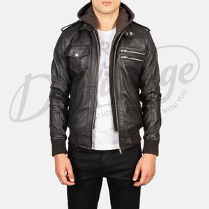Veste cargo en cuir marron expresso pour homme, avec deux poches symétriques sur la poitrine, manteau en cuir véritable, parka à col haut, vente en gros - Product Image 6