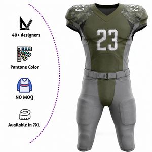 Ensemble Maillot et Pantalon de Football Américain Personnalisé Sublimé pour Homme, Col en V, Vert Camouflage Gris, Anti-humidité, Coupe Ajustée - Product Image 4