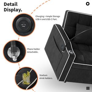 Poltrona letto estraibile in velluto a coste con cuscino, portabicchieri in acciaio inossidabile spazzolato, supporto per telefono e porta di ricarica USB per soggiorno - Product Image 6