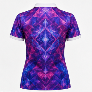 Polo Personalizado para Mujer con Estampado Caleidoscópico Morado y Magenta, de Secado Rápido, Transpirable, Manga Corta, Uniforme para Equipo de Golf WPS-0763 - Product Image 4