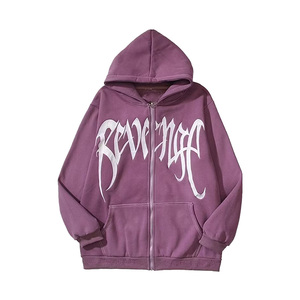 Sweat à capuche zippé surdimensionné violet pour homme, style streetwear, en molleton de coton avec imprimé lettres sur le devant, manches classiques, idéal pour l'automne – Vente en gros - Product Image 1